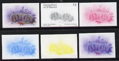 St Vincent - Grenadines 1985 Shell Fish $1 (Sea Urchin as SG 362) set of 6 imperf progressive colour proofs comprising the four individual colours plus 2 & 3-colour composites unmounted mintNote: Due to a very fortunate purchase, I am able to sell this set at less than \A310 - other sellers on eBay are offering similar progressive proofs at between \A375 and \A3125 per set., stamps on marine-life