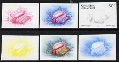 St Vincent - Grenadines 1985 Shell Fish 60c (Queen Conch as SG 361) set of 6 imperf progressive colour proofs comprising the four individual colours plus 2 & 3-colour composites unmounted mint, stamps on marine-life, stamps on shells