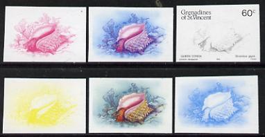 St Vincent - Grenadines 1985 Shell Fish 60c (Queen Conch as SG 361) set of 6 imperf progressive colour proofs comprising the four individual colours plus 2 & 3-colour composites unmounted mintNote: Due to a very fortunate purchase, I am able to sell this set at less than A310 - other sellers on eBay are offering similar progressive proofs at between A375 and A3125 per set., stamps on , stamps on  stamps on marine-life     shells