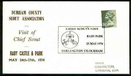 Great Britain 1974 Commemorative cover for Durham County Scout Association with special illustrated Visit of Chief Scout cancel, stamps on scouts