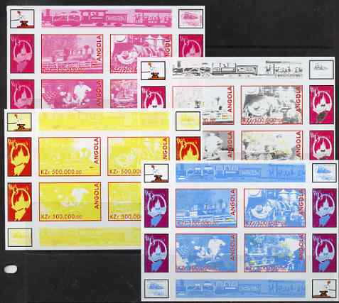 Angola 1999 Walt Disneys Railroad History #1 sheetlet containing 4 values - the set of 4 imperf progressive proofs comprising various 2 and 3-colour composites, stamps on railways, stamps on disney