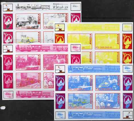 Angola 1999 Walt Disneys Railroad History #2 sheetlet containing 4 values - the set of 4 imperf progressive proofs comprising various 2 and 3-colour composites, stamps on railways, stamps on disney
