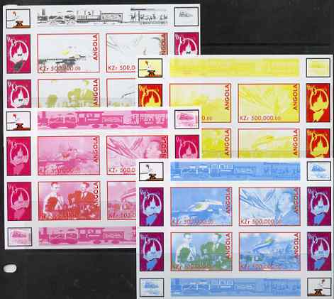 Angola 1999 Walt Disneys Railroad History #3 sheetlet containing 4 values - the set of 4 imperf progressive proofs comprising various 2 and 3-colour composites, stamps on railways, stamps on disney