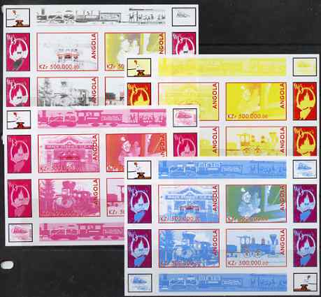 Angola 1999 Walt Disneys Railroad History #4 sheetlet containing 4 values - the set of 4 imperf progressive proofs comprising various 2 and 3-colour composites, stamps on railways, stamps on disney