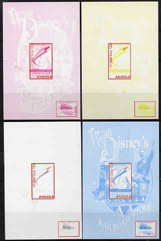 Angola 1999 Walt Disney's Railroad Story #2 s/sheet - the set of 4 imperf progressive proofs comprising various 2 and 3-colour composites, unmounted mint, stamps on , stamps on  stamps on railways, stamps on disney