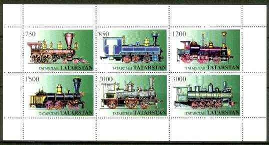 Tatarstan Republic 1997 Railway Locos perf sheetlet containing complete set of 6 values unmounted mint, stamps on , stamps on  stamps on railways