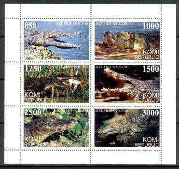 Komi Republic 1997 Reptiles (Crocodiles) perf sheetlet containing complete set of 6 unmounted mint, stamps on , stamps on  stamps on animals, stamps on reptiles, stamps on crocodiles