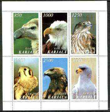 Karjala Republic 1997 Wild Birds perf sheetlet containing complete set of 6 unmounted mint, stamps on birds, stamps on birds of prey
