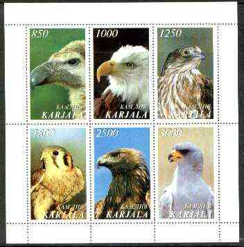 Karjala Republic 1997 Wild Birds perf sheetlet containing complete set of 6 unmounted mint, stamps on , stamps on  stamps on birds, stamps on  stamps on birds of prey