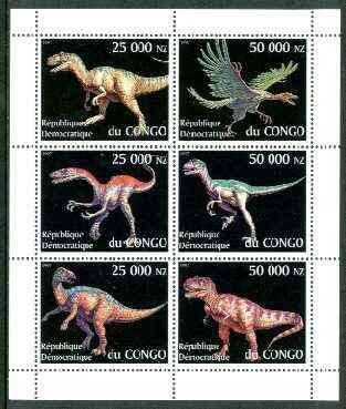 Congo 1999 Dinosaurs perf sheetlet #1 containing complete set of 6 values unmounted mint , stamps on dinosaurs