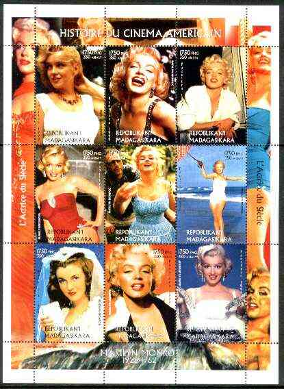 Madagascar 1999 Marilyn Monroe perf sheetlet containing complete set of 9 values unmounted mint, stamps on , stamps on  stamps on films, stamps on cinema, stamps on entertainments, stamps on music, stamps on personalities, stamps on marilyn monroe