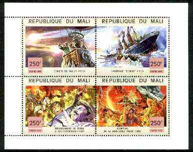 Mali 1999 Events of the 20th Century #1 perf sheetlet containing 4 values unmounted mint (Halley's Comet, Titanic, San Francisco Earthquake & Mt Pelee Volcano), stamps on films, stamps on cinema, stamps on space, stamps on ships, stamps on balloons, stamps on disasters, stamps on volcanoes, stamps on fire, stamps on mountains, stamps on shipwrecks, stamps on millenniums, stamps on halley