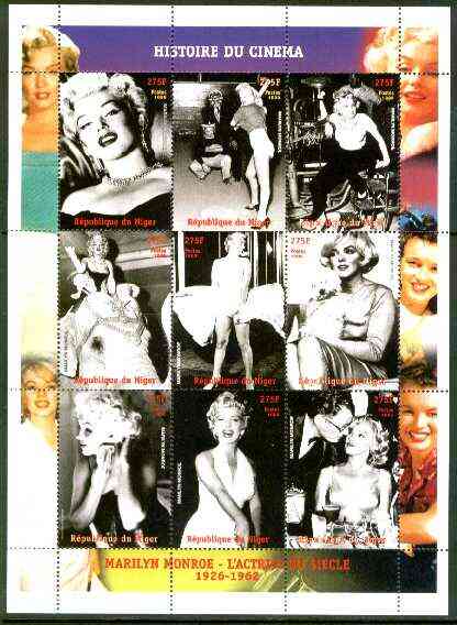 Niger Republic 1999 Marilyn Monroe perf sheetlet containing complete set of 9 values unmounted mint , stamps on films, stamps on cinema, stamps on entertainments, stamps on music, stamps on personalities, stamps on marilyn monroe