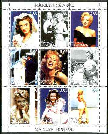 Tadjikistan 1999 Marilyn Monroe perf sheetlet containing complete set of 9 values unmounted mint , stamps on , stamps on  stamps on films, stamps on cinema, stamps on entertainments, stamps on music, stamps on personalities, stamps on marilyn monroe