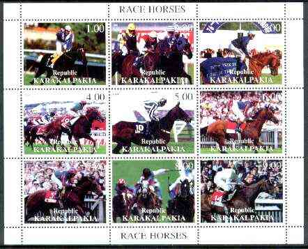 Karakalpakia Republic 1999 Horse Racing perf sheetlet containing complete set of 9 values unmounted mint, stamps on , stamps on  stamps on horses, stamps on racing, stamps on horse racing