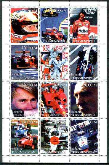 Turkmenistan 1999 Formula 1 Cars & Drivers perf sheetlet containing set of 12 values unmounted mint, stamps on racing cars, stamps on formula 1, stamps on  f1 , stamps on cars