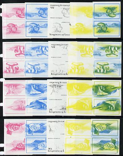 Lesotho 1983 Fungi set of 4, each in imperf progressive Tete-Beche proof pairs comprising the 4 individual colours plus yellow & blue, scarce (20 proof pairs) unmounted m..., stamps on fungi