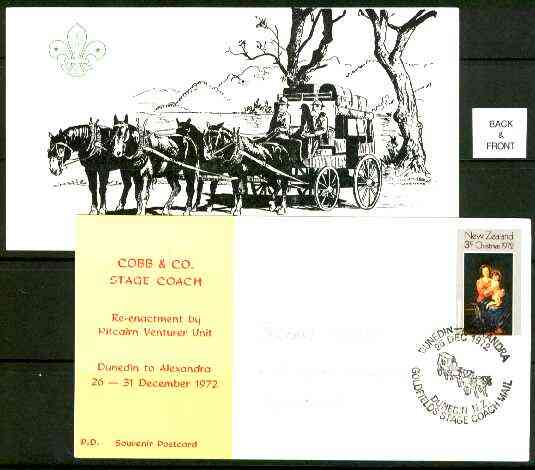 New Zealand 1972 Re-enactment of Dunedin to Alexandra Stagecoach run by Pitcairn Venturer Scouts commemorative card with special Stagecoach cancel, stamps on scouts, stamps on mail coaches