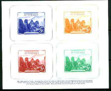 Australia 1930 Blue Mountain Essay reprint sheet showing R A Harrisons design in 4 colours unmounted mint , stamps on mountains