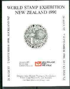 New Zealand 1990 World Stamp Exhibition sheetlet featuring $1 circular Kiwi stamp imperf in black, stamps on , stamps on  stamps on stamp exhibitions, stamps on kiwi