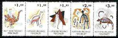 Cinderella - Hutt River Province 198? Aboriginal & Caveman Drawings unmounted mint strip of 5, stamps on , stamps on  stamps on arts, stamps on dinosaurs, stamps on caves