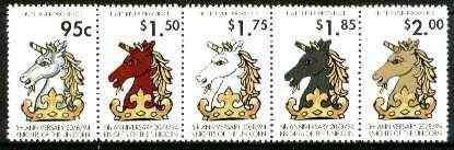 Cinderella - Hutt River Province 1994 5th Anniversary of Knights of the Unicorn unmounted mint strip of 5, stamps on , stamps on  stamps on mythology, stamps on unicorn