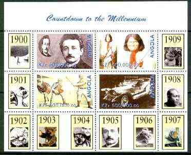 Angola 1999 Countdown to the Millennium #01 (1900-1909) perf sheetlet containing 4 values (Einstein, Rolls Royce, Geronimo, Baseball) unmounted mint, stamps on , stamps on  stamps on personalities, stamps on einstein, stamps on science, stamps on physics, stamps on cars, stamps on rolls royce, stamps on cultures, stamps on baseball, stamps on  stamps on teddy bears, stamps on boxing, stamps on volcanoes, stamps on  stamps on nobel, stamps on millennium, stamps on judaica   , stamps on  stamps on personalities, stamps on  stamps on einstein, stamps on  stamps on science, stamps on  stamps on physics, stamps on  stamps on nobel, stamps on  stamps on maths, stamps on  stamps on space, stamps on  stamps on judaica, stamps on  stamps on atomics