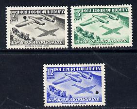 Uruguay 1949 Universal Postal Union Anniversary (Boeing Aeroplane over Mailcoach) set of 3 each with tiny security puncture (Waterlow & Sons Specimen) unmounted mint, stamps on , stamps on  stamps on aviation    postal   upu    boeing    mail coaches, stamps on  stamps on  upu , stamps on  stamps on 