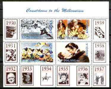 Angola 1999 Countdown to the Millennium #04 (1930-1939) perf sheetlet containing 4 values (Jesse Owens, King Kong, Snow White & Gone With the Wind) unmounted mint, stamps on , stamps on  stamps on personalities, stamps on cartoons, stamps on aviation, stamps on films, stamps on cinema, stamps on sport, stamps on disney, stamps on gandhi, stamps on cultures, stamps on bridges, stamps on spitfires, stamps on  ww2 , stamps on apes, stamps on millennium