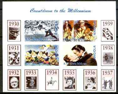 Angola 1999 Countdown to the Millennium #04 (1930-1939) imperf sheetlet containing 4 values (Jesse Owens, King Kong, Snow White & Gone With the Wind) unmounted mint, stamps on , stamps on  stamps on personalities, stamps on cartoons, stamps on aviation, stamps on films, stamps on cinema, stamps on sport, stamps on disney, stamps on gandhi, stamps on cultures, stamps on bridges, stamps on spitfires, stamps on  ww2 , stamps on apes, stamps on millennium