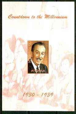 Angola 1999 Countdown to the Millennium #04 (1930-1939) imperf souvenir sheet (Walt Disney & 7 Dwarfs) unmounted mint, stamps on , stamps on  stamps on personalities, stamps on cartoons, stamps on disney, stamps on films, stamps on cinema, stamps on millennium