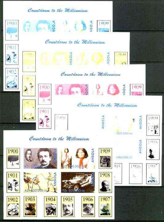 Angola 1999 Countdown to the Millennium #01 (1900-1909) sheetlet containing 4 values (Einstein, Rolls Royce, Geronimo, Baseball) the set of 5 imperf progressive proofs co..., stamps on personalities, stamps on einstein, stamps on science, stamps on physics, stamps on cars, stamps on rolls royce, stamps on cultures, stamps on baseball, stamps on teddy bears, stamps on boxing, stamps on volcanoes, stamps on nobel, stamps on millenni, stamps on personalities, stamps on einstein, stamps on science, stamps on physics, stamps on nobel, stamps on maths, stamps on space, stamps on judaica, stamps on atomics, stamps on personalities, stamps on einstein, stamps on science, stamps on physics, stamps on nobel, stamps on maths, stamps on space, stamps on judaica, stamps on atomicsum, stamps on judaica