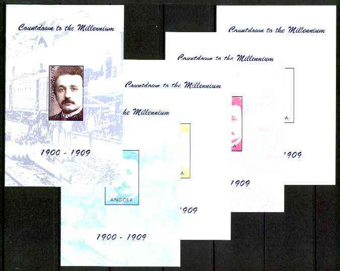 Angola 1999 Countdown to the Millennium #01 (1900-1909) souvenir sheet (Einstein & Railway) the set of 5 imperf progressive proofs comprising various 2,3 & 4-colour combinations plus all 5 colours unmounted mint, stamps on , stamps on  stamps on personalities, stamps on einstein, stamps on science, stamps on physics, stamps on nobel, stamps on railways, stamps on millennium, stamps on judaica   