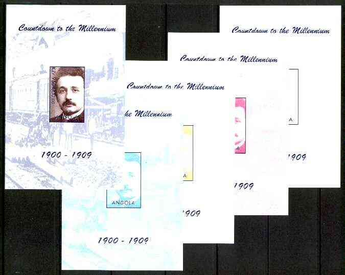 Angola 1999 Countdown to the Millennium #01 (1900-1909) souvenir sheet (Einstein & Railway) the set of 5 imperf progressive proofs comprising various 2,3 & 4-colour combi..., stamps on personalities, stamps on einstein, stamps on science, stamps on physics, stamps on nobel, stamps on railways, stamps on millennium, stamps on judaica