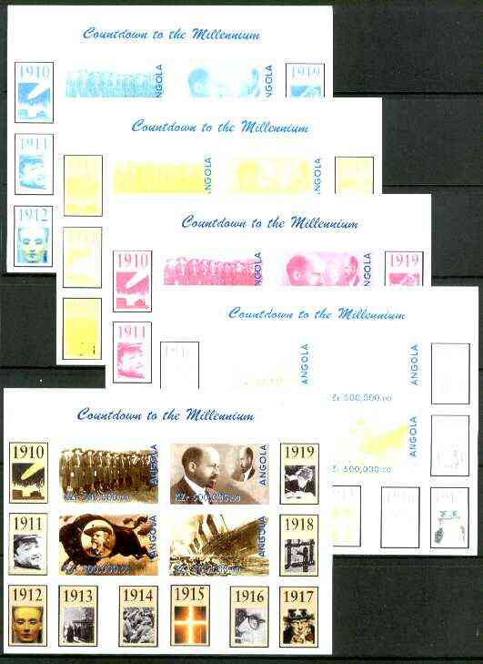 Angola 1999 Countdown to the Millennium #02 (1910-1919) sheetlet containing 4 values (Girl Guides,Du Bois, Buffalo Bill & Titanic) the set of 5 imperf progressive proofs comprising various 2,3 & 4-colour combinations plus all 5 colours unmounted mint, stamps on , stamps on  stamps on personalities, stamps on scouts, stamps on guides, stamps on cowboys, stamps on titanic, stamps on racism, stamps on space, stamps on egyptology, stamps on , stamps on  stamps on  ww1 , stamps on  stamps on , stamps on films, stamps on cinema, stamps on bovine, stamps on americana, stamps on disasters, stamps on millennium, stamps on shipwrecks, stamps on  stamps on masonics, stamps on  stamps on masonry