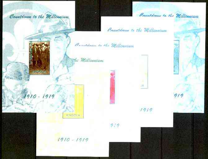 Angola 1999 Countdown to the Millennium #02 (1910-1919) souvenir sheet (Girl Guides & Scouting) the set of 5 imperf progressive proofs comprising various 2,3 & 4-colour c...