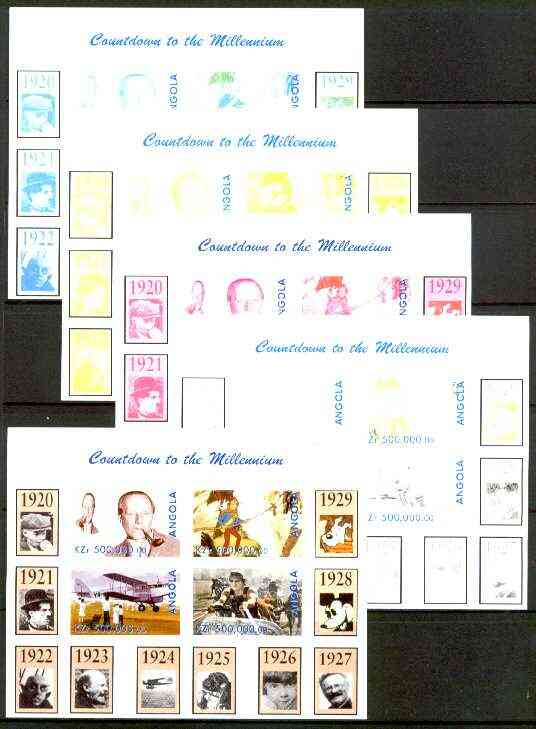 Angola 1999 Countdown to the Millennium #03 (1920-1929) sheetlet containing 4 values (A A Milne, Tintin, Flying Doctors & Ben Hur) the set of 5 imperf progressive proofs comprising various 2,3 & 4-colour combinations plus all 5 colours unmounted mint, stamps on personalities, stamps on literature, stamps on cartoons, stamps on medical, stamps on aviation, stamps on films, stamps on cinema, stamps on disney, stamps on lenin, stamps on millennium