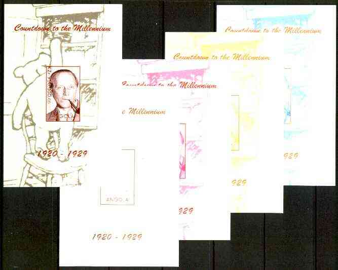 Angola 1999 Countdown to the Millennium #03 (1920-1929) souvenir sheet (A A Milne & Winnie the Pooh) the set of 5 imperf progressive proofs comprising various 2,3 & 4-col...