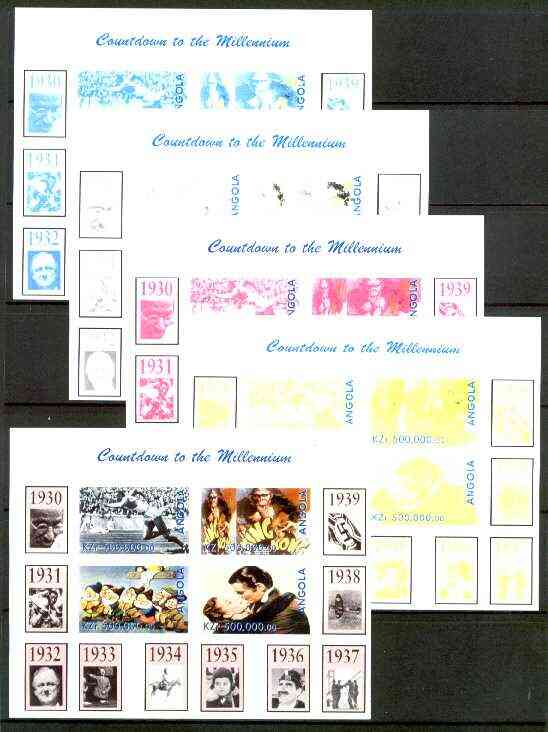 Angola 1999 Countdown to the Millennium #04 (1930-1939) sheetlet containing 4 values (J Owens, King Kong, Snow White & Gone With the Wind) the set of 5 imperf progressive proofs comprising various 2,3 & 4-colour combinations plus all 5 colours unmounted mint, stamps on , stamps on  stamps on personalities, stamps on cartoons, stamps on aviation, stamps on films, stamps on cinema, stamps on sport, stamps on disney, stamps on gandhi, stamps on cultures, stamps on bridges, stamps on spitfires, stamps on  ww2 , stamps on apes, stamps on millennium