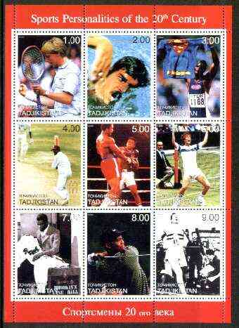 Tadjikistan 1999 Sports Personalities of the 20th Century perf sheetlet containing complete set of 9 values unmounted mint , stamps on , stamps on  stamps on sport, stamps on  stamps on tennis, stamps on  stamps on swimming, stamps on  stamps on cricket, stamps on  stamps on boxing, stamps on  stamps on golf, stamps on  stamps on running, stamps on  stamps on millennium, stamps on  stamps on baseball