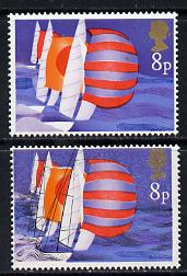 Great Britain 1975 Sailing 8p unmounted mint with black omitted plus normal, SG 981a, stamps on , stamps on  stamps on ships, stamps on  stamps on yachts, stamps on  stamps on sailing