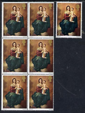 Great Britain 1967 Christmas 4d (Murillo) unmounted mint block of 6 with slight misplacement of gold (Queens head touching upper frame) plus normal single, stamps on arts, stamps on christmas