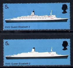 Great Britain 1969 British Ships 5d (RMS QE2) unmounted mint with grey (superstructure etc) omitted plus normal, SG 778b, stamps on , stamps on  stamps on ships, stamps on  qe2 , stamps on  stamps on scots, stamps on  stamps on scotland