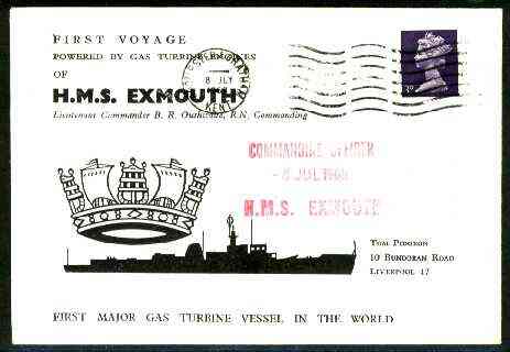 Great Britain 1968 Commemorative cover for first voyage of HMS Exmouth (first major gas-turbine vessel), stamps on , stamps on  stamps on ships, stamps on energy