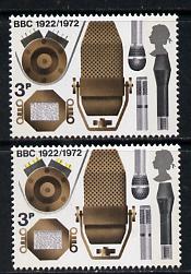 Great Britain 1972 Broadcasting Anniversaries 3p (Microphones) unmounted mint single with shift of yellow appearing as a missing colour, plus shift of the Queen's head which rests on the microphone complete with normal*, stamps on , stamps on  stamps on communications    entertainments science    microphones    radio