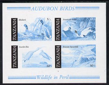 Tanzania 1986 John Audubon Birds m/sheet imperf colour proof in blue & black only unmounted mint (SG MS 468), stamps on , stamps on  stamps on audubon, stamps on birds, stamps on ducks, stamps on mallard    eider   ibis    spoonbill