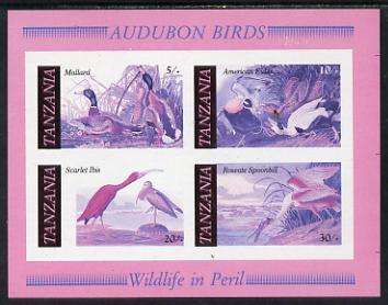 Tanzania 1986 John Audubon Birds m/sheet imperf colour proof in magenta, blue & black only unmounted mint (SG MS 468), stamps on , stamps on  stamps on audubon, stamps on birds, stamps on ducks, stamps on mallard    eider   ibis    spoonbill