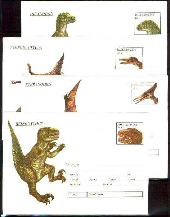 Rumania 1994 Prehistoric Animals set of 4 illustrated postal stationery envelopes (60L values) unused (limited edition), stamps on , stamps on  stamps on dinosaurs