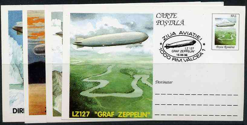 Rumania 1996 Airships (incl Zeppelins) complete set of 4 deluxe edition postal stationery cards (50L values) each with illustrated cancellation (Limited edition), stamps on , stamps on  stamps on aviation, stamps on  stamps on airships, stamps on  stamps on zeppelins