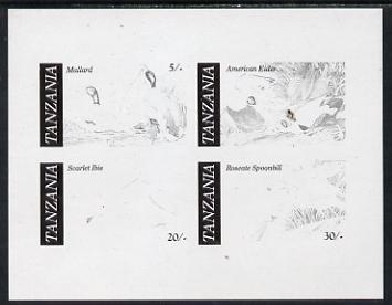 Tanzania 1986 John Audubon Birds m/sheet imperf colour proof in black only unmounted mint (SG MS 468), stamps on , stamps on  stamps on audubon, stamps on birds, stamps on ducks, stamps on mallard    eider   ibis    spoonbill